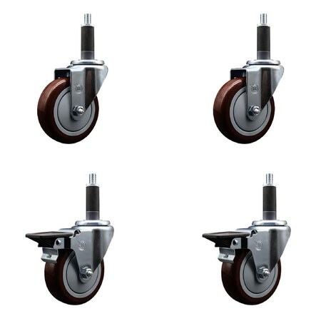 Service Caster 4'' Maroon Poly Wheel Swivel 1'' Expanding Stem Caster Set 2 Brakes, 4PK SCC-EX20S414-PPUB-MRN-2-PLB-2-1